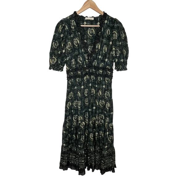 Ulla Johnson Elli Dress Womens 10 Green Paisley Puff Sleeve Pockets Cotton - Picture 3 of 12